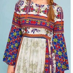 Anthropologie Sarah Printed Dress Bhanuni Jyoti Beaded Smocked Midi Maxi rare